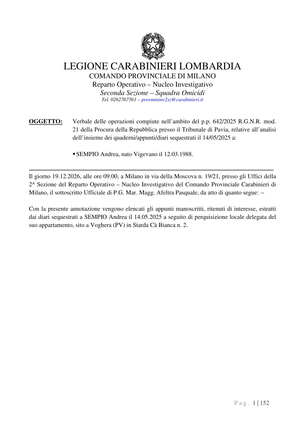 Prima pagina di anteprima del documento: I diari di Andrea Sempio