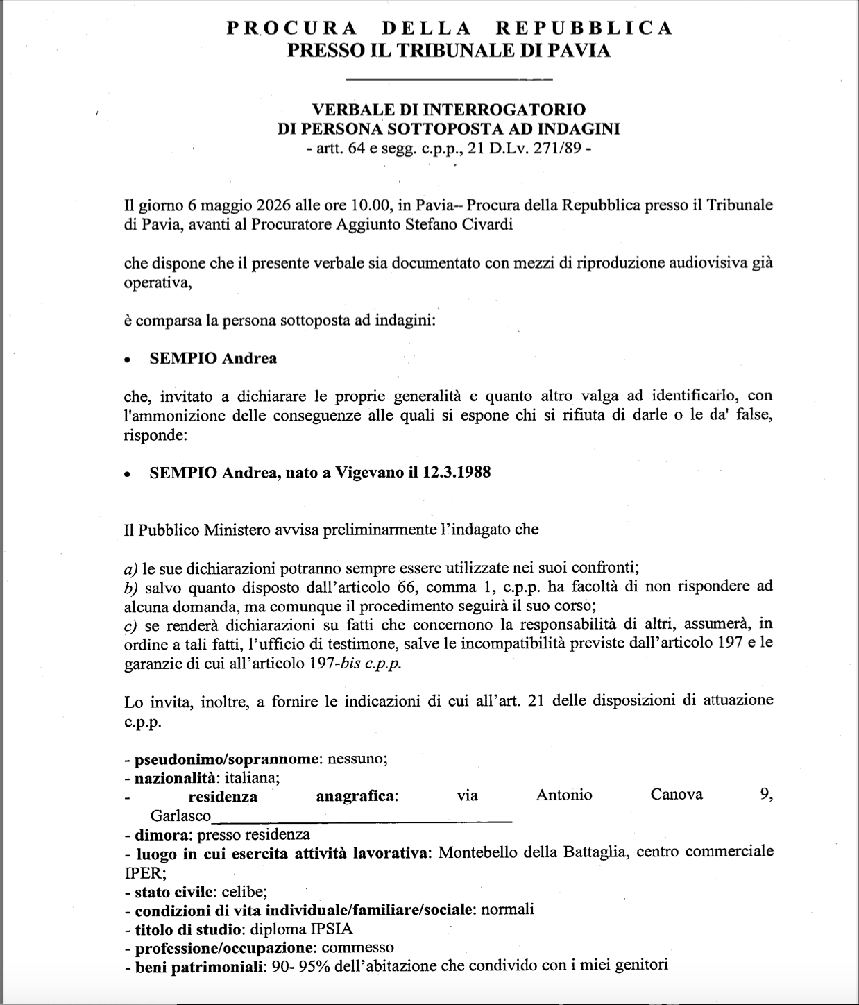 Prima pagina di anteprima del documento: Memoria Civardi – Le nuove indagini su Andrea Sempio